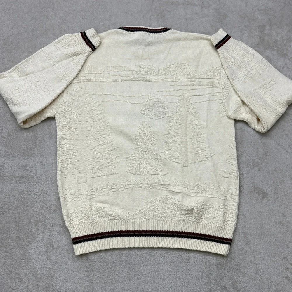 VTG Carmel Golf Sweater Men Large Cream Textured Landscape Embroidered USA 90s